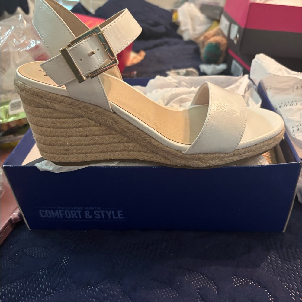 Life Stride White Wedge Sandals with Ankle Strap